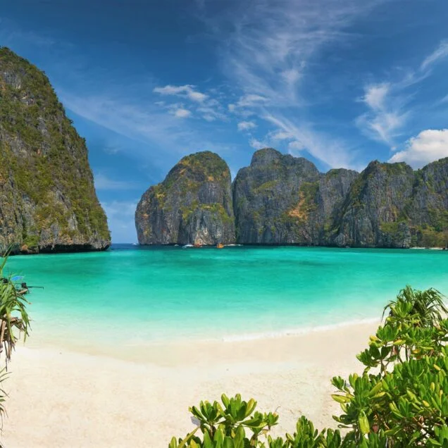Limestone karsts rising out of the water in Krabi, southern Thailand